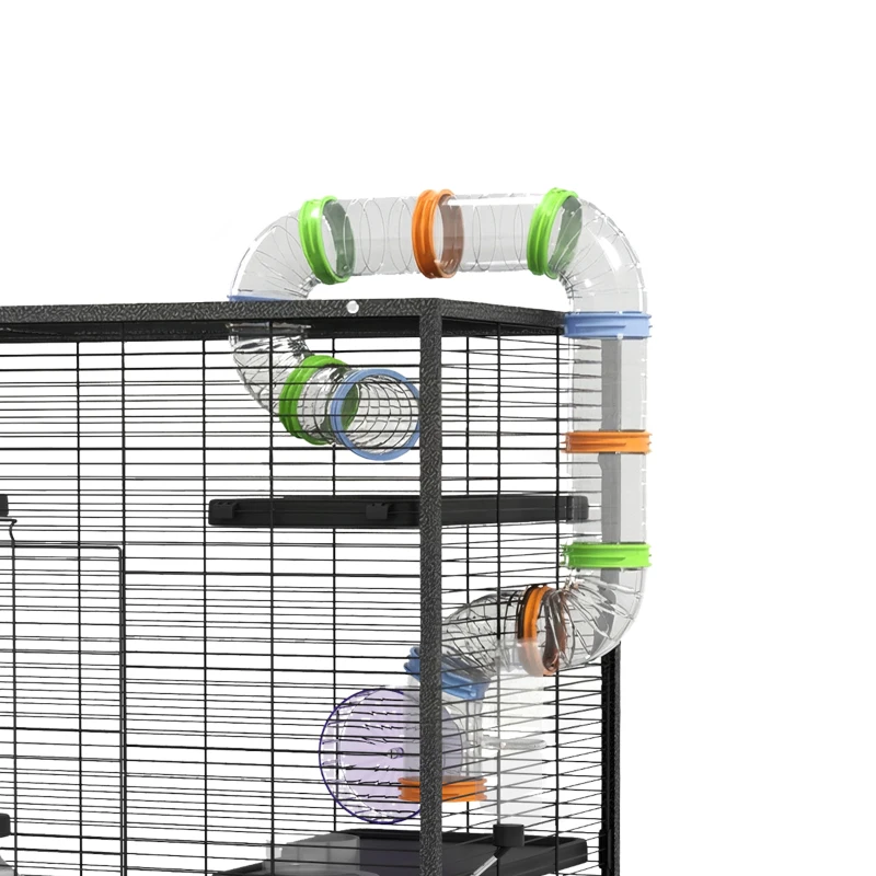 PawHut Large Hamster Cage, Gerbil Cage with Tubes, Storage Shelf, Ramps, Platforms, Running Wheel - Black