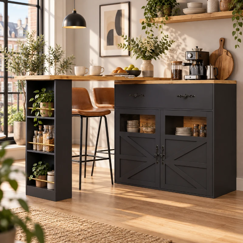 Uitschuifbare bartafel met 360° draaifunctie, opberglade en zijrek met 3 niveaus en verstelbare planken, MDF met reliëf, 204×39×104 cm, zwart