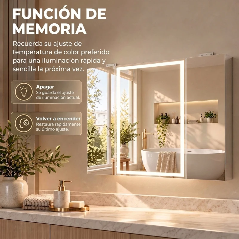 HOMCOM Armario de Baño con Espejo de LED Toma de Corriente 3 Puertas Antivaho Estantes Ajustables de Vidrio Templado Blanco