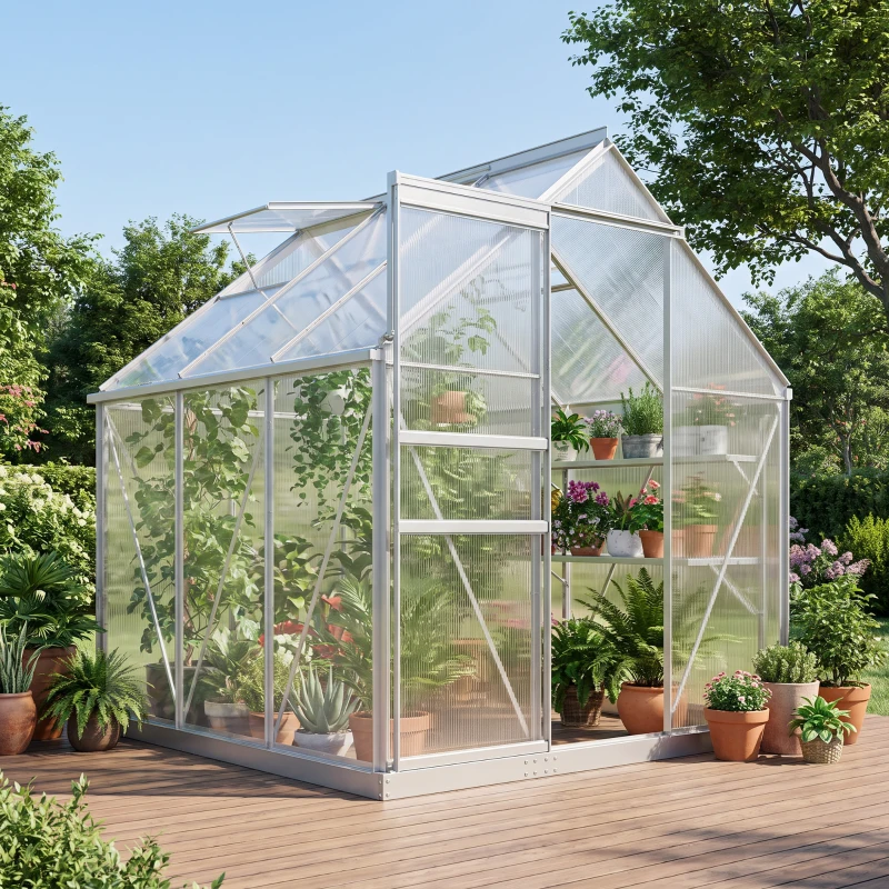Outsunny Serre de jardin 3,6 m² en aluminium polycarbonate avec fondation, 190 x 190 x 200 cm, serre avec fenêtre réglable porte coulissante, abri extérieur résistant aux intempéries, argent