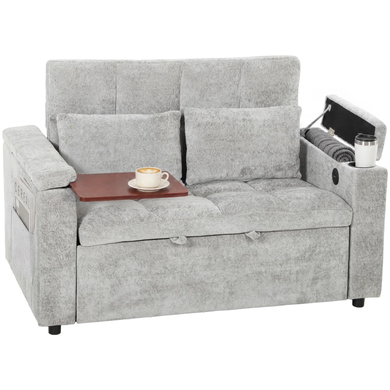 HOMCOM 2 Seater Sofa Bed, 3-in-1 Convertible Pull Out Sleeper Bed with Hidden Table, USB Port, Armrest Storage, Grey