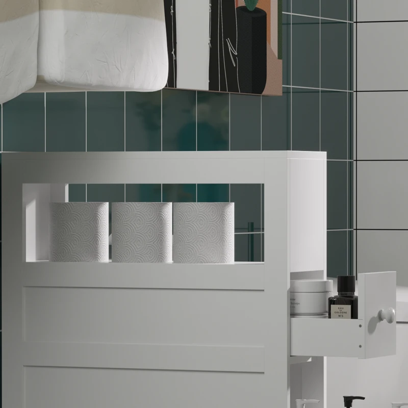 HOMCOM Rolling Bathroom Storage Cabinet Slim Side Holder Organizer with Drawers-White