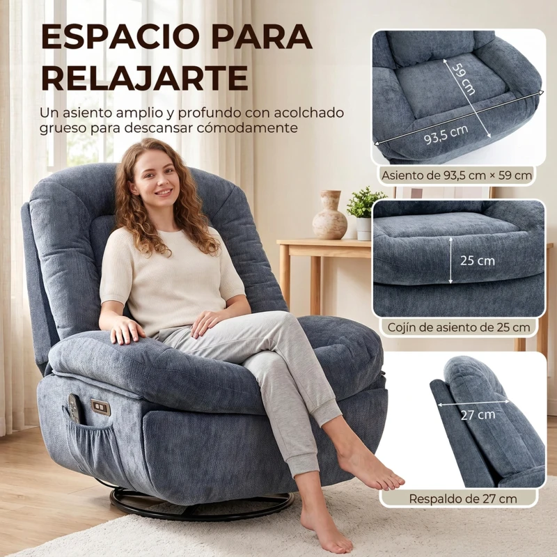 HOMCOM Sillón Relax Reclinable Eléctrico con Calor Lumbar Masaje Giro y Balanceo Reposapiés Asiento Extraancho Puerto USB Azul