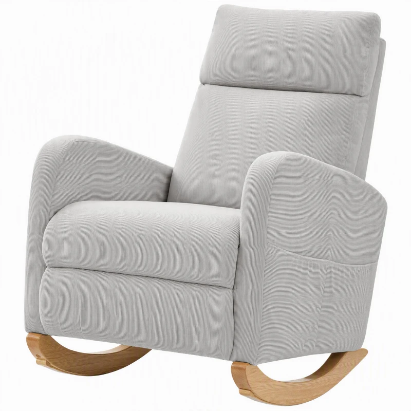 HOMCOM Cadeira de Baloiço em Bombazina com Encosto Alto, Pés de Madeira, Bolsos, Apoios de Braços e Estilo Moderno, Cinzento-Claro