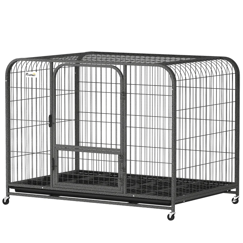 PawHut Gaiola Reforçada para Cães Grandes com Rodas, Porta de Alimentação e Tabuleiro Amovível 116x77x88 cm Preto