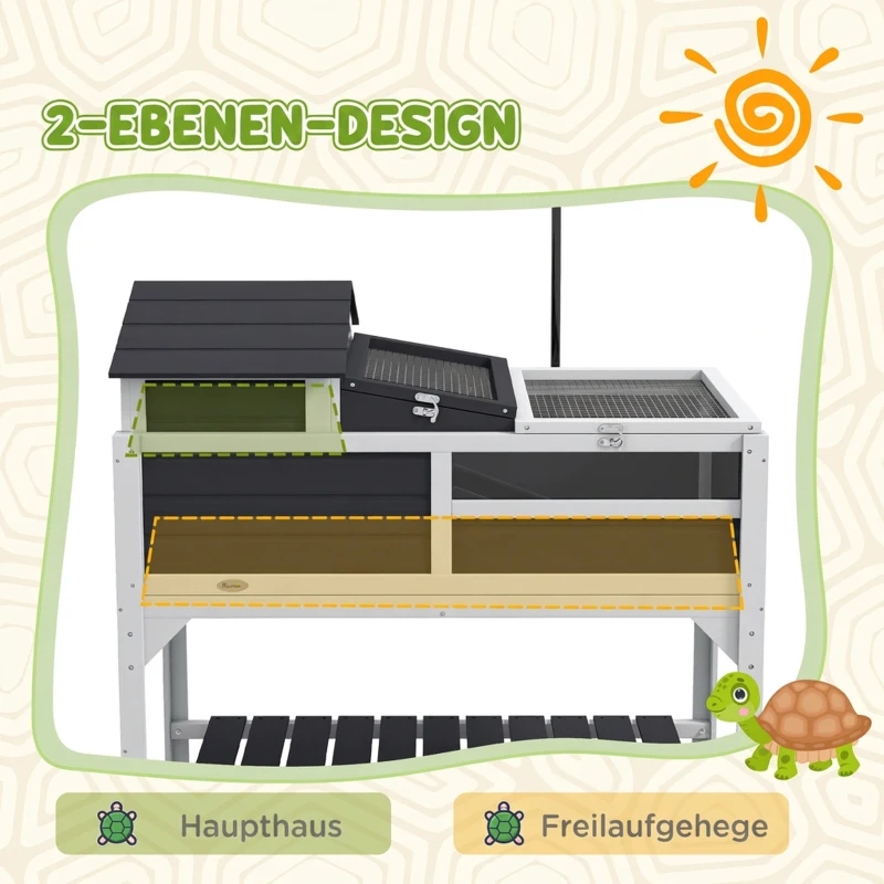 PawHut Houten Schildpaddenhuis, 2-Laags Schildpaddenverblijf met Plank, Lamphouder, Hoofdverblijf, Acrylvenster en Klapdak