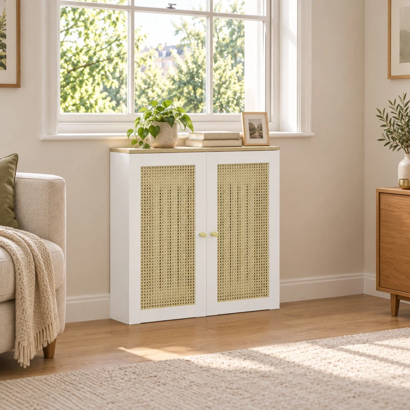 HOMCOM Cubre Radiadores con 2 Puertas de Ratán Cubreradiador Cubierta para Radiador para Salón Dormitorio 78x19x75 cm Blanco