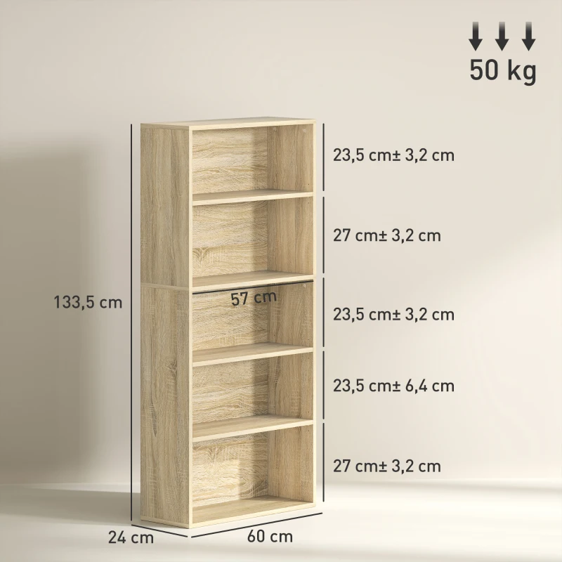 HOMCOM Bibliothèque étagère de rangement 5 niveaux avec étagères réglables pour salon, chambre, bureau, 60x24x133,5cm, naturel