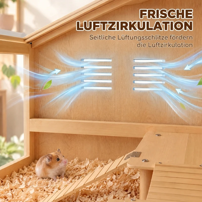 PawHut Hamsterkäfig Holz 100 x 52 x 50 cm Groß Nagerkäfig mit Stauraum Klappdach Acrylfenster Lüftungsöffnung Plattform
