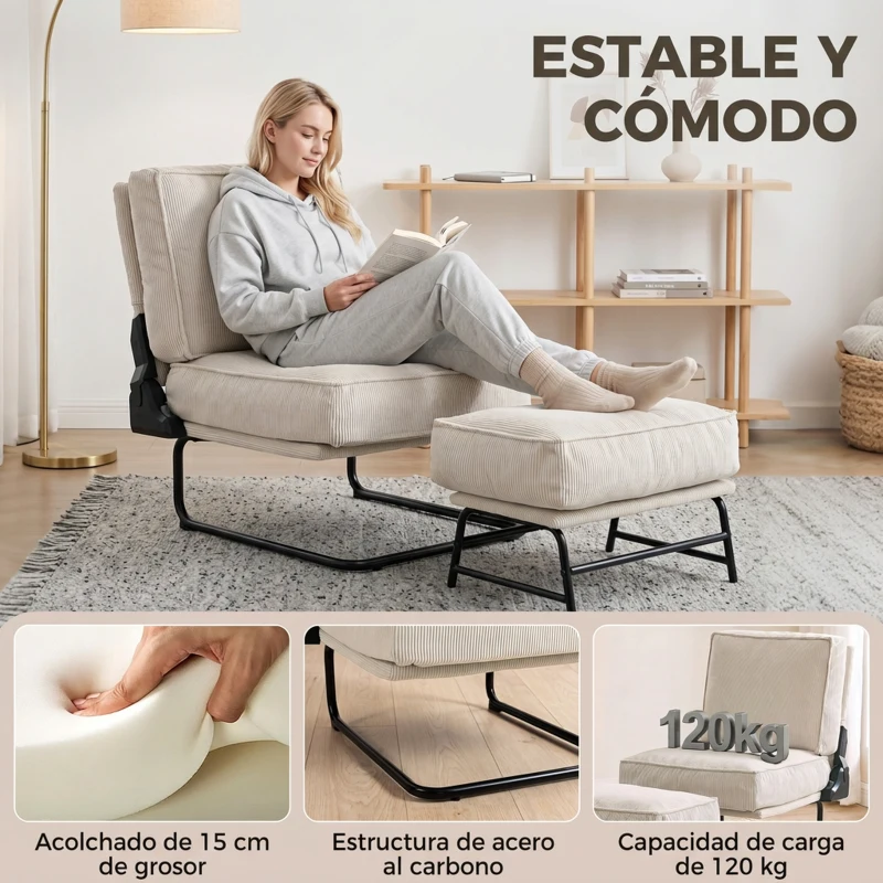 HOMCOM Sillón con Reposapiés Respaldo Ajustable Sillón de Lectura de Pana con Asiento Ancho Acolchado Grueso Crema