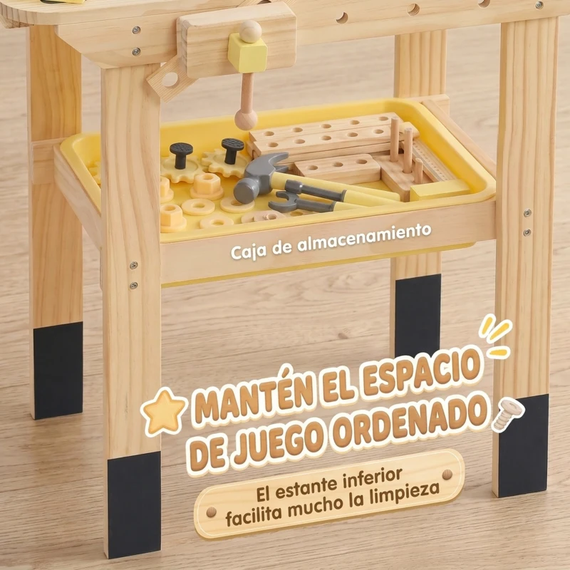 AIYAPLAY Banco de Herramientas para Niños de Madera 28 Accesorios Caja de Almacenaje Juguete para 3 a 8 años Natural