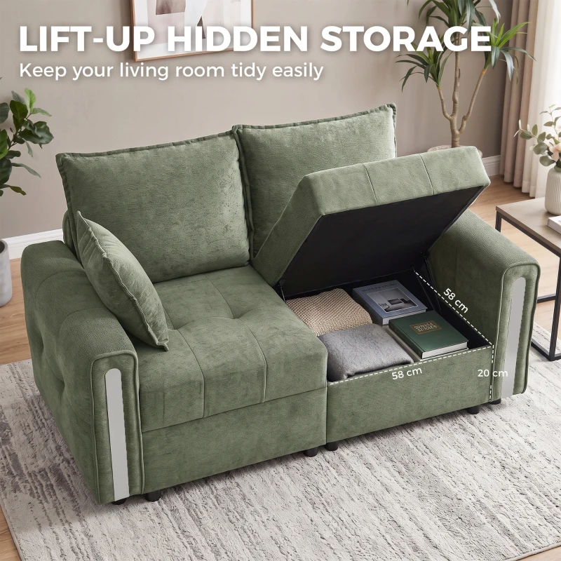 HOMCOM 2 Seater Sofa with Lift-Up Storage, 168 cm Comfy Velvet Small Couch with Wide Deep Seat, Plush Backrest, Thick Padding, 2 Pillows, Loveseat for Living Room, Home Office, Dark Green