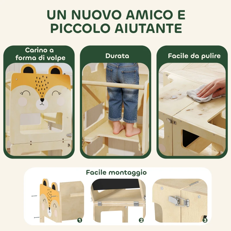 AIYAPLAY Torre Montessoriana per Bambini 2-5 Anni con Lavagna e Tavolino, in Legno, 57x39x93 cm, color Legno