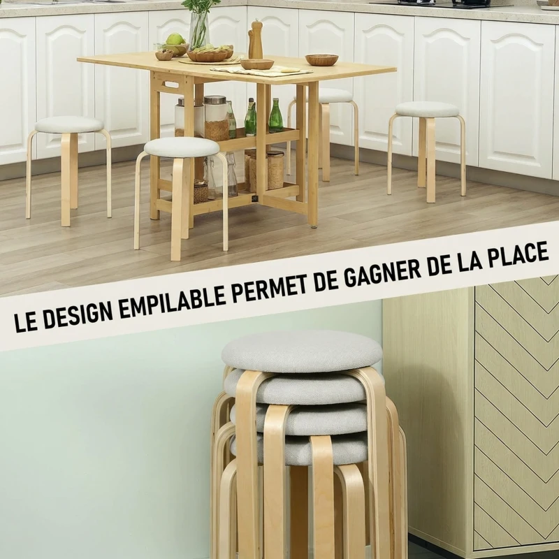 HOMCOM Ensemble de 4 tabourets empilables ronds sans dossier avec assise rembourrée, 40 x 40 x 45 cm, crème