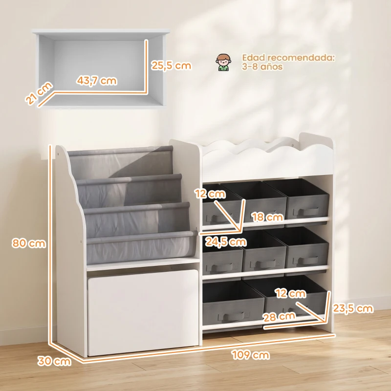 AIYAPLAY Estantería Infantil Juguetes con 8 Cestas de Tela Cajón con Ruedas Librería Estante Abierto 3-8 Años 109x30x80cm Blanco