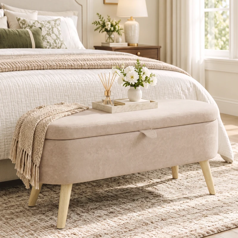 HOMCOM Aufbewahrungsbank aus Sherpa-Fleece Sitzbank mit Stauraum mit Holzbeinen in Beige