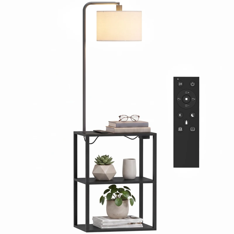 HOMCOM Dimmable Floor Lamp with Shelves, Charging Station, 3-Tier Storage Table, Adjustable Fabric Lampshade, Black