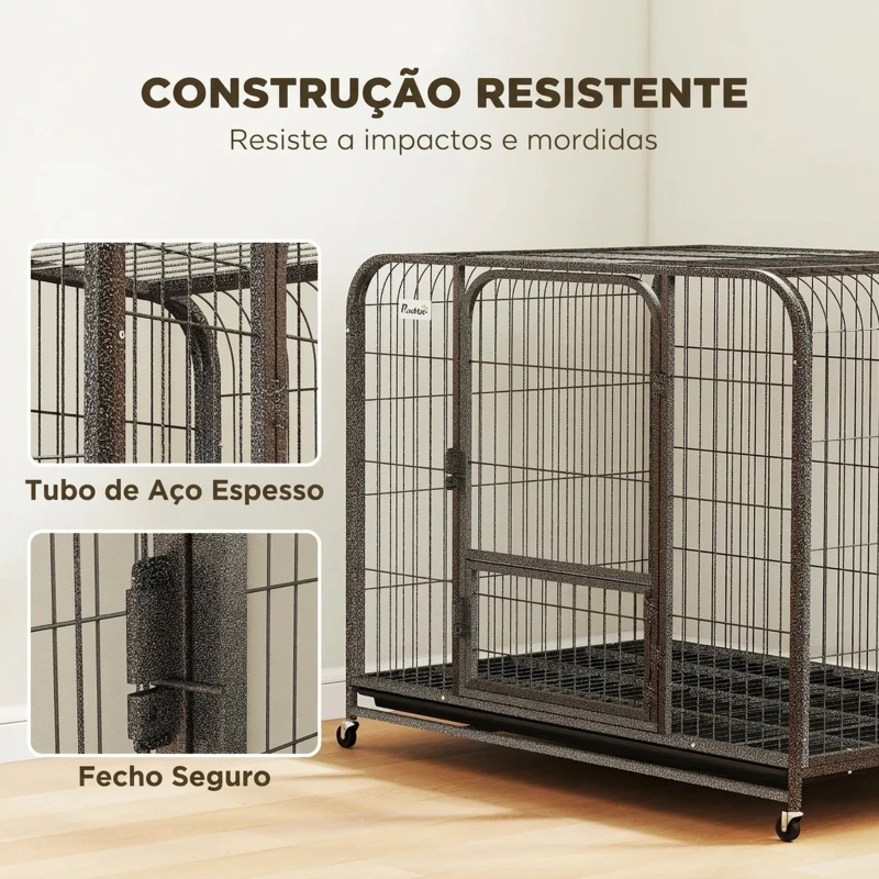 PawHut Gaiola Reforçada para Cães Grandes com Rodas, Porta de Alimentação e Tabuleiro Amovível 116x77x88 cm Preto