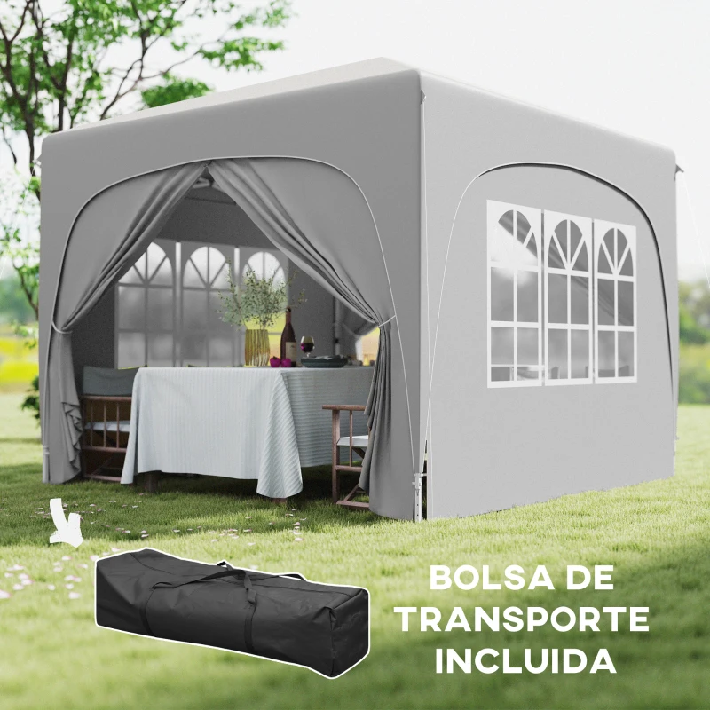 Outsunny Carpa Plegable 3x3 m con Altura Ajustable 3 Niveles 4 Laterales Ventanas y Bolsa UPF50+ Impermeable Gris