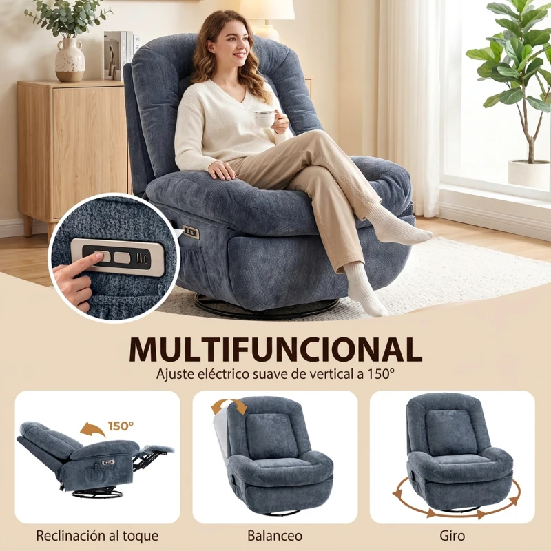 HOMCOM Sillón Relax Reclinable Eléctrico con Calor Lumbar Masaje Giro y Balanceo Reposapiés Asiento Extraancho Puerto USB Azul