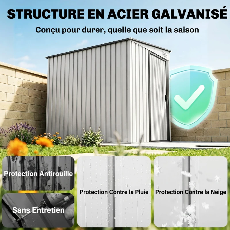 Outsunny Abri de Jardin Métal 2,81m², Toit Incliné, Kit de Fondation, Étagères Réglables, 2 Aérations, 154x206,5x181cm, Blanc(m-4)