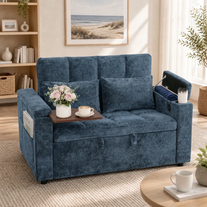 HOMCOM 2 Seater Sofa Bed, 3-in-1 Convertible Pull Out Sleeper Bed with Hidden Table, USB Port, Armrest Storage, Dark Blue