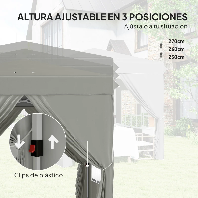 Outsunny Carpa Plegable 2,5x2,5 m Pop-up con Altura Ajustable 3 Niveles 4 Laterales Ventanas y Bolsa UPF50+ Impermeable Gris