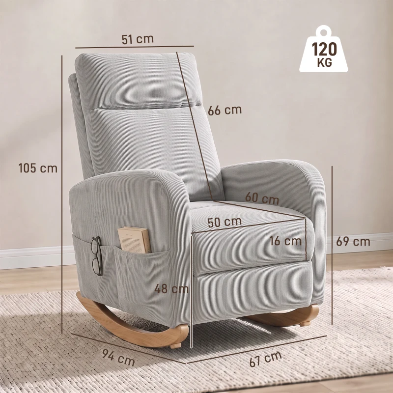 HOMCOM Cadeira de Baloiço em Bombazina com Encosto Alto, Pés de Madeira, Bolsos, Apoios de Braços e Estilo Moderno, Cinzento-Claro