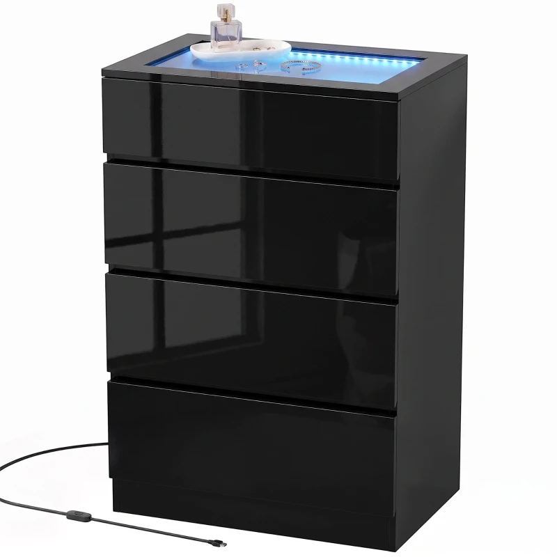 HOMCOM High Gloss 4 Drawer Chest of Drawers with Glass Top and RGB LED Lights, Dresser w/ Jewelry Organizer, APP Control, Black