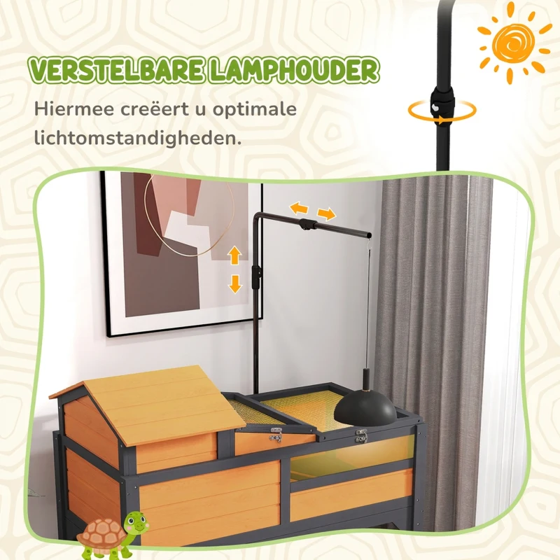PawHut Houten schildpaddenhuis 2-laags met plank, lamphouder, acrylvenster en klapdak