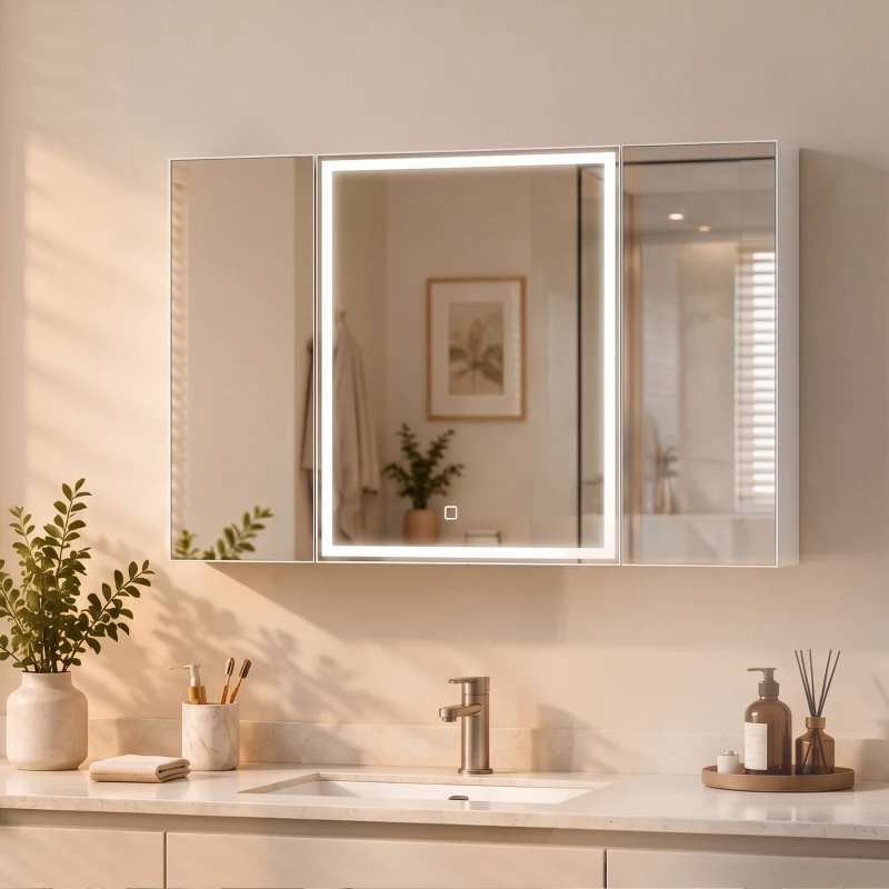 HOMCOM Armario de Baño con Espejo de LED Toma de Corriente 3 Puertas Antivaho Estantes Ajustables de Vidrio Templado Blanco