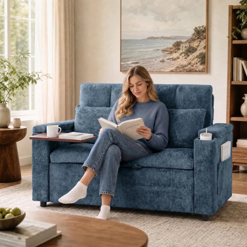 HOMCOM 2 Seater Sofa Bed, 3-in-1 Convertible Pull Out Sleeper Bed with Hidden Table, USB Port, Armrest Storage, Dark Blue