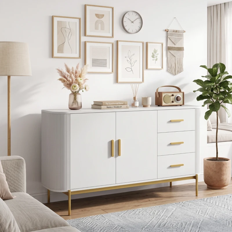 HOMCOM Sideboard, 140 cm Küchenschrank im modernen Rillen-Design mit 3 Schubladen, verstellbarem Einlegeboden und Metallbeinen