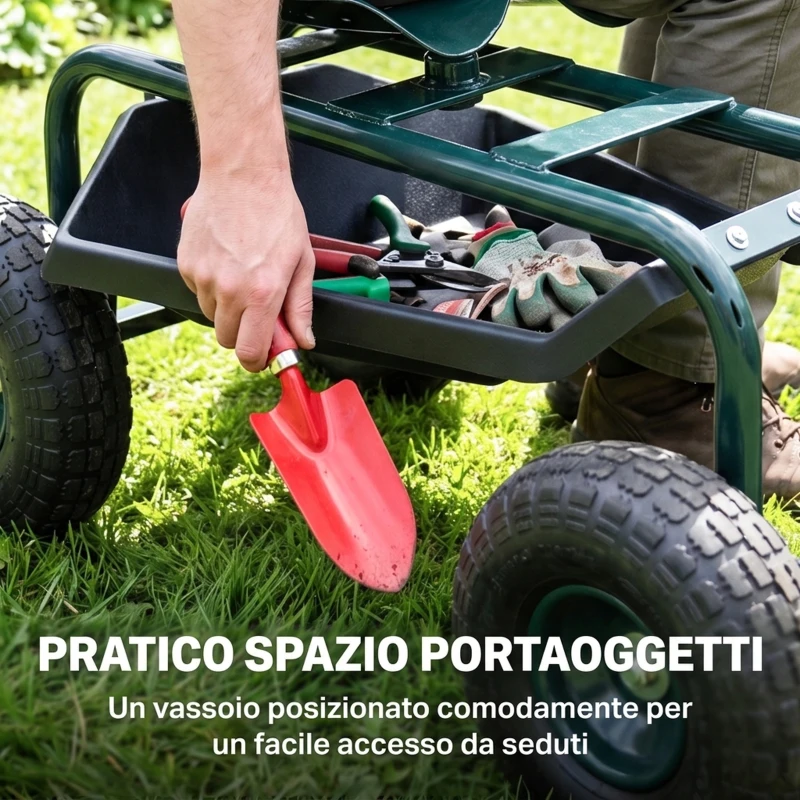 Outsunny Carrello da Giardino con Sedile Regolabile e Vassoio Inferiore, in Acciaio, e PP, 83x36.5x45-60 cm, Verde Scuro