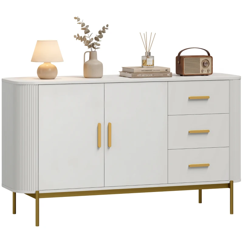 HOMCOM Sideboard, 140 cm Küchenschrank im modernen Rillen-Design mit 3 Schubladen, verstellbarem Einlegeboden und Metallbeinen