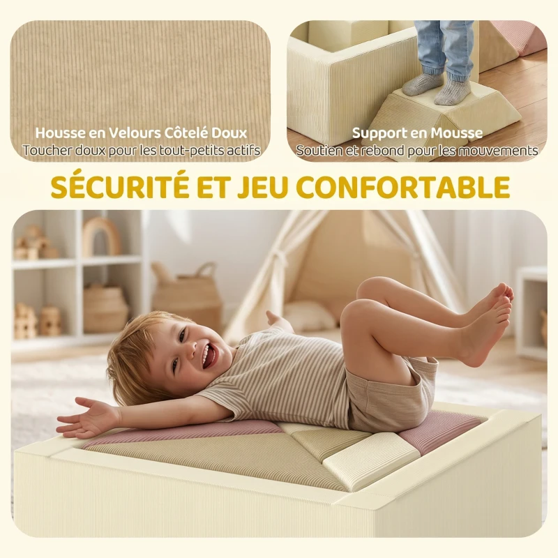 AIYAPLAY Parcours motricité bébé 9PCS avec piscine à balles, module en mousse souple avec housse en velours côtelé, multicolore