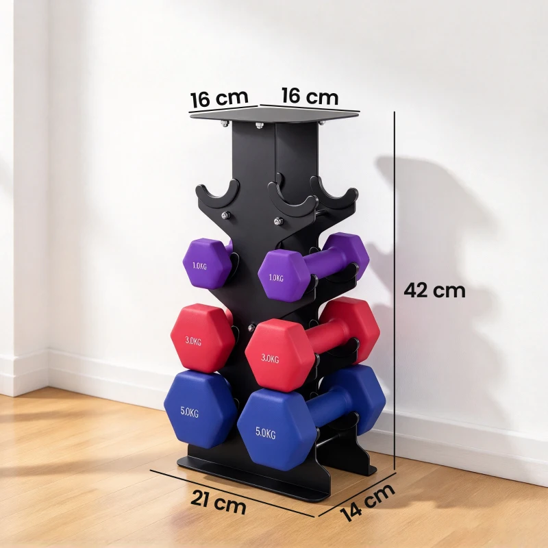 SPORTNOW Hanteln Set 3 Paar Kurzhanteln mit Aufbewahrungsständer rutschfeste Griff, 1-5 kg Hexagon