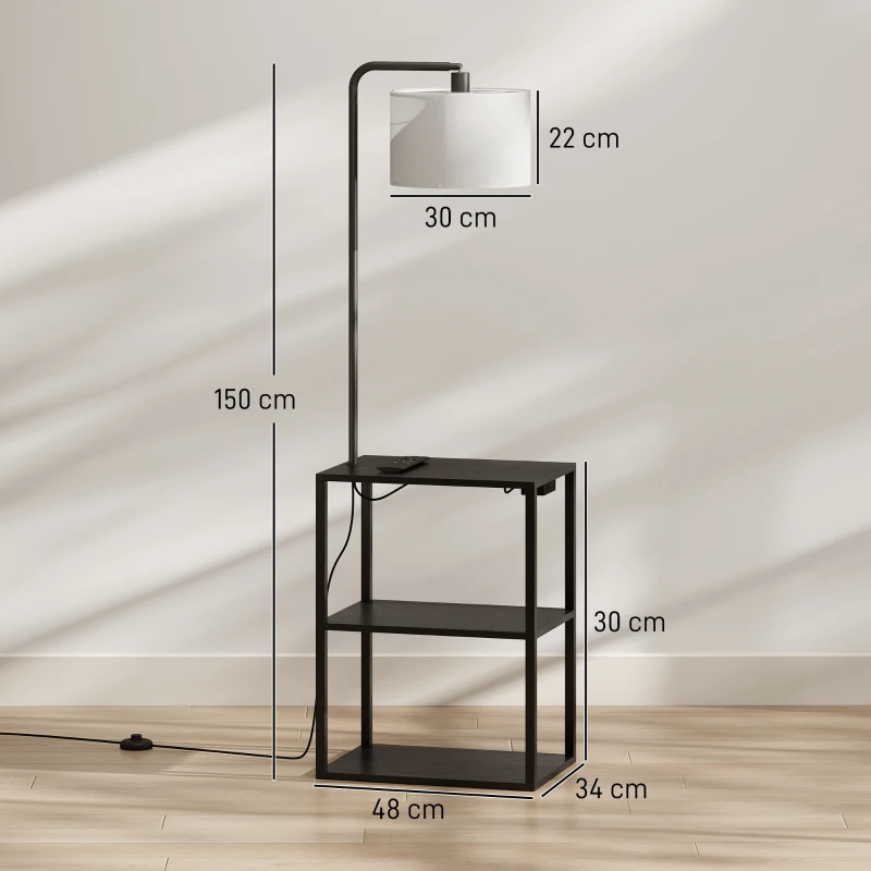HOMCOM Dimmable Floor Lamp with Shelves, Charging Station, 3-Tier Storage Table, Adjustable Fabric Lampshade, Black