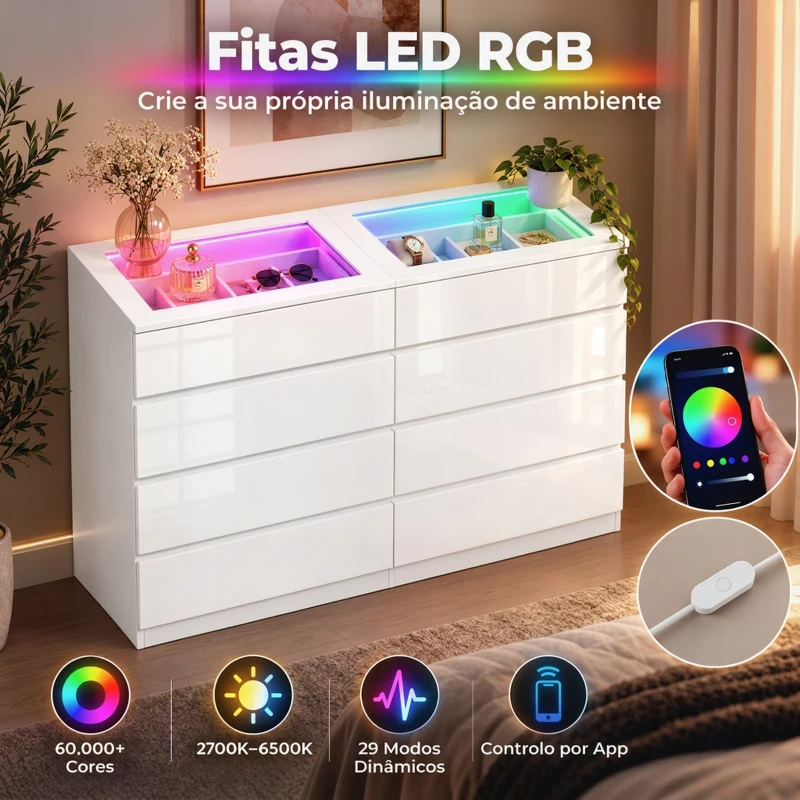 HOMCOM Cómoda Alto Brilho com 8 Gavetas Vidro Temperado e LED RGB Organizador de Joias Controlo por App