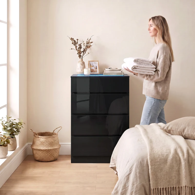 HOMCOM High Gloss 4 Drawer Chest of Drawers with Glass Top and RGB LED Lights, Dresser w/ Jewelry Organizer, APP Control, Black