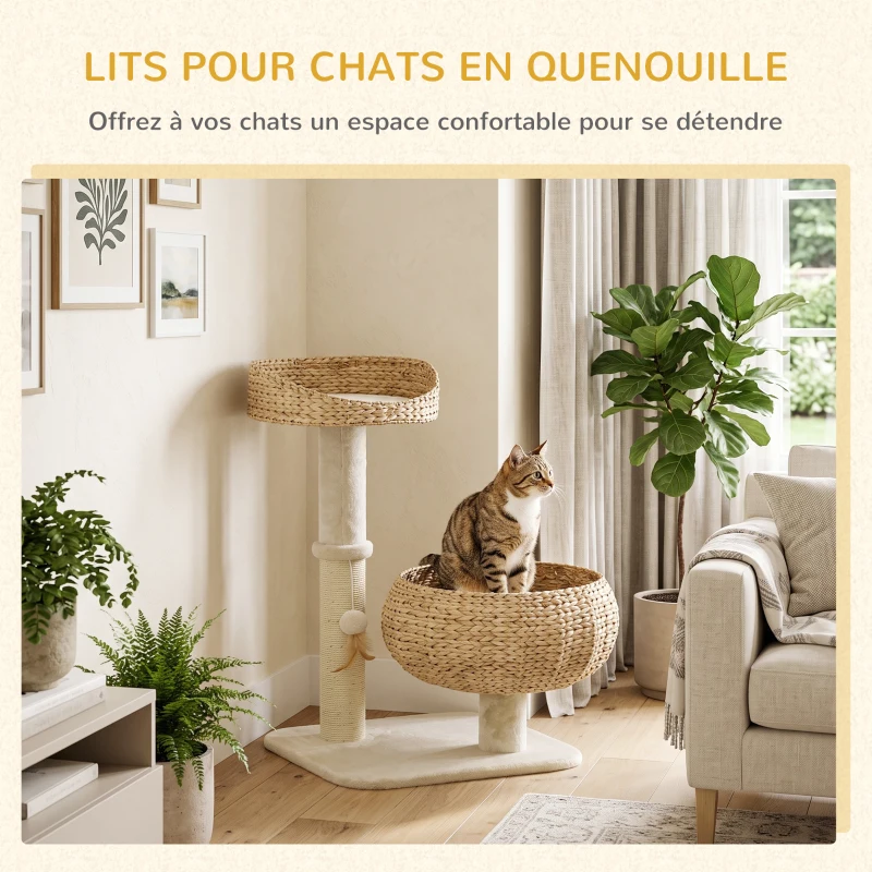 PawHut Arbre à chat griffoir 2 niveaux hauteur 72 cm poteau sisal avec niche et plateforme 1 balle suspendue
