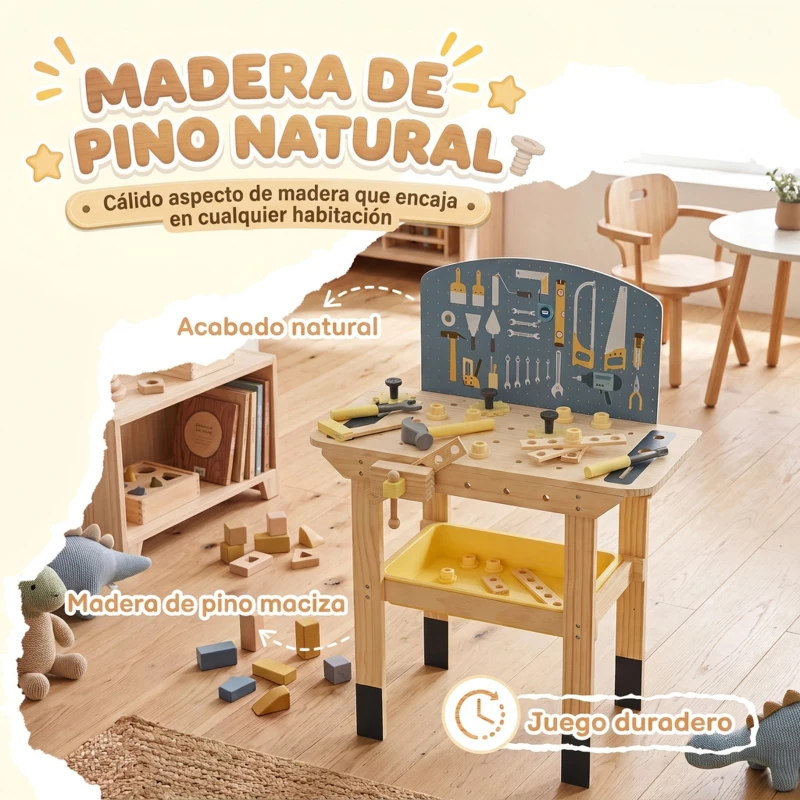 AIYAPLAY Banco de Herramientas para Niños de Madera 28 Accesorios Caja de Almacenaje Juguete para 3 a 8 años Natural