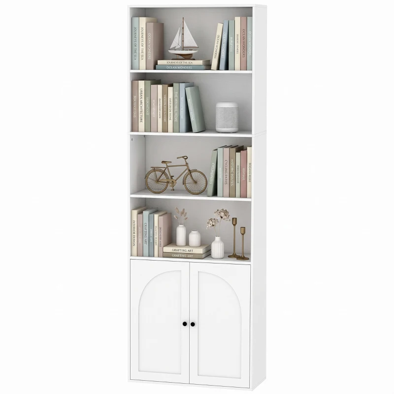 HOMCOM Estante para Livros Alta e Estreita de 6 Níveis com 4 Compartimentos Abertos 2 Portas e Prateleira Ajustável Branca