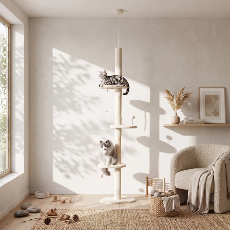 PawHut 225-255 cm Adjustable Cat Climbing Tower with Sisal Scratching Posts, 2 Hanging Play Balls and Anti-Tip Strap, Beige