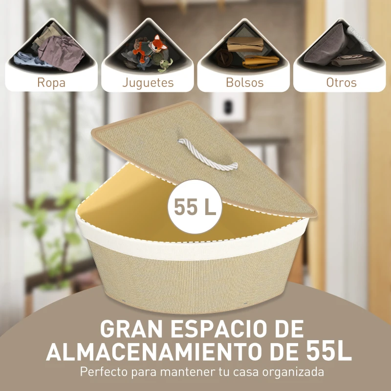 HOMCOM Cesto Ropa Sucia Bambú para Esquina 55L con Tapa y Asa Bolsa Extraíble Lavable 35x35x60 cm Crema