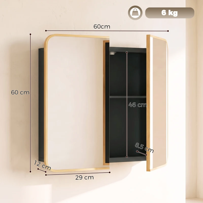 HOMCOM Bathroom Medicine Mirror Cabinet, Bathroom Wall Cabinet with Storage, Magnetic Doors and Adjustable Shelf, Natural