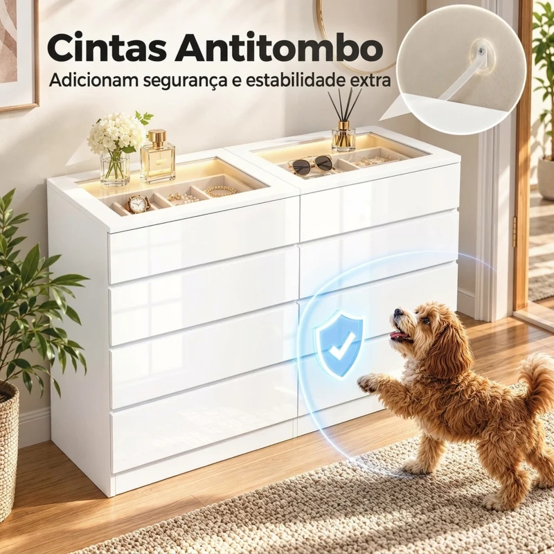 HOMCOM Cómoda Alto Brilho com 8 Gavetas Vidro Temperado e LED RGB Organizador de Joias Controlo por App