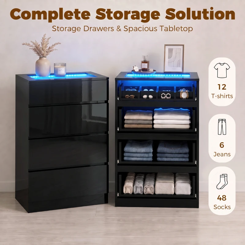 HOMCOM High Gloss 4 Drawer Chest of Drawers with Glass Top and RGB LED Lights, Dresser w/ Jewelry Organizer, APP Control, Black