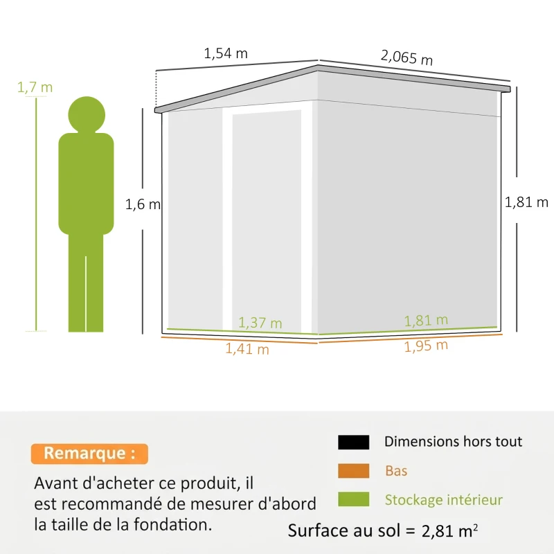 Outsunny Abri de Jardin Métal 2,81m², Toit Incliné, Kit de Fondation, Étagères Réglables, 2 Aérations, 154x206,5x181cm, Blanc(m-3)