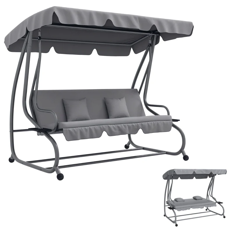 Outsunny 2-in-1 Hollywoodschommel met Ligfunctie, Verstelbaar Dak, tot 340 kg, Staal, 200x120x164 cm, Grijs